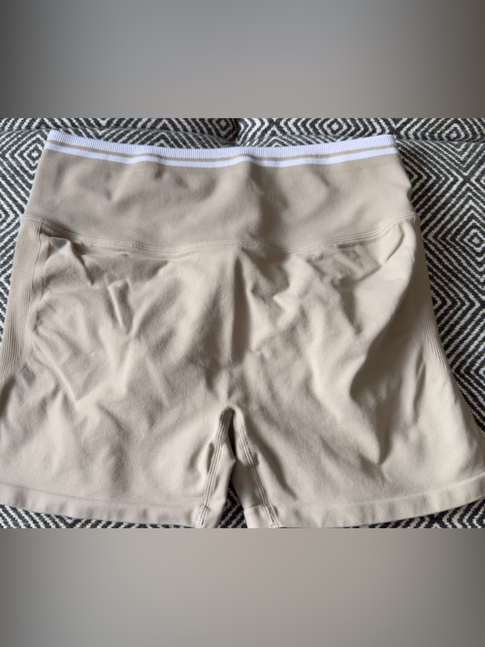 Fabletics Beige High-Waist Seamless Athletic 3” Shorts with White Stripe